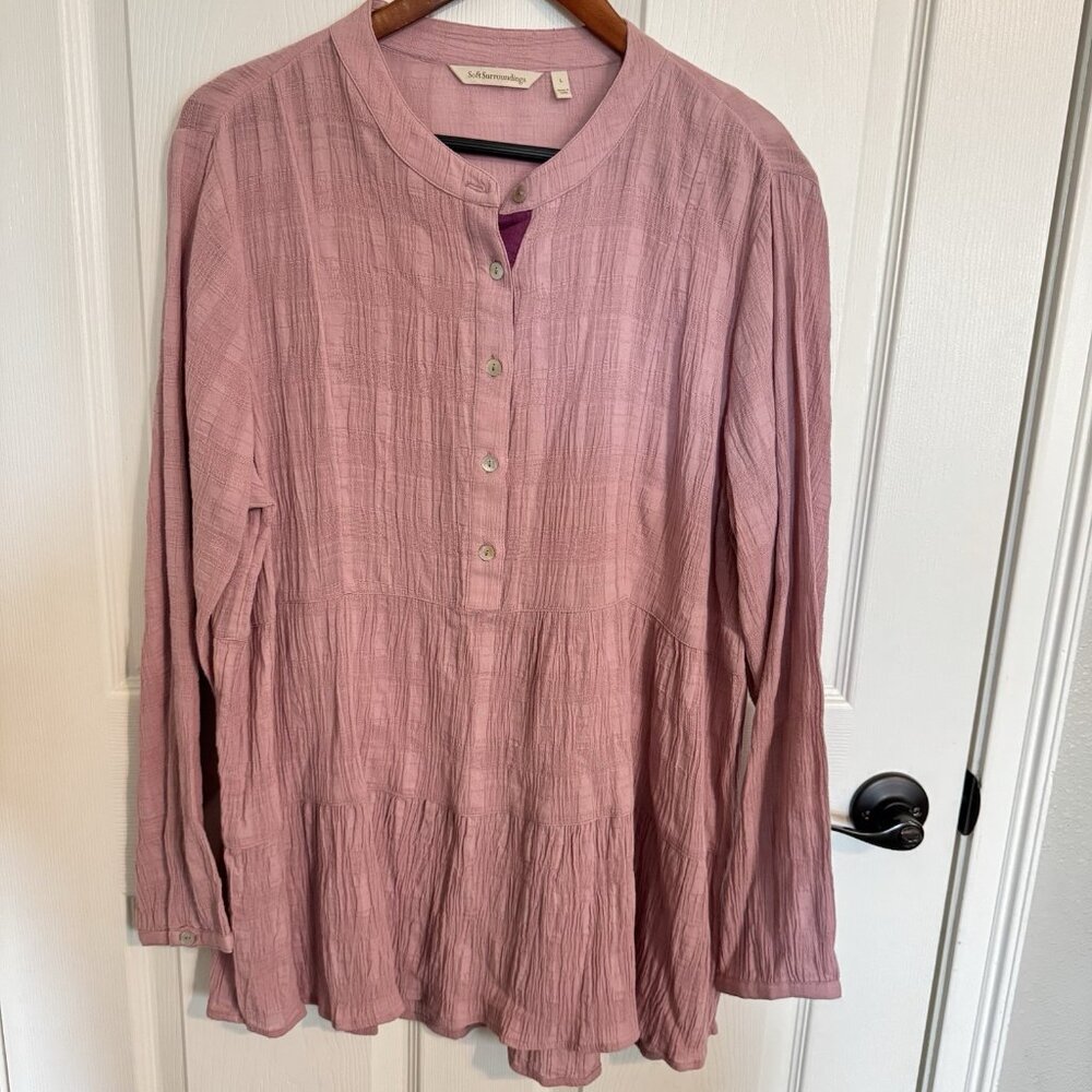 Soft Surroundings Gloria Henley Top Size Medium Women's Pink Gauze Tiered